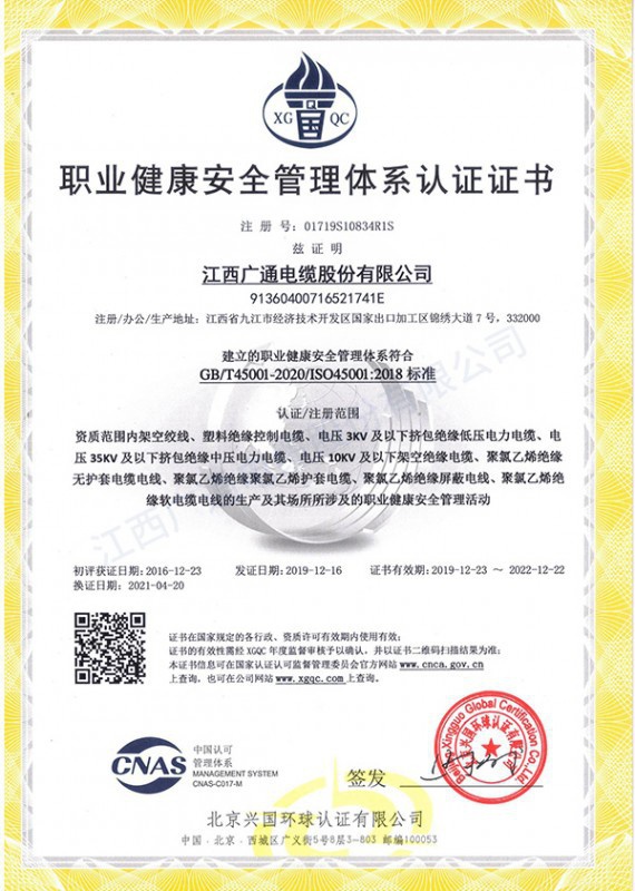 ISO職業健康管理體系認證證書